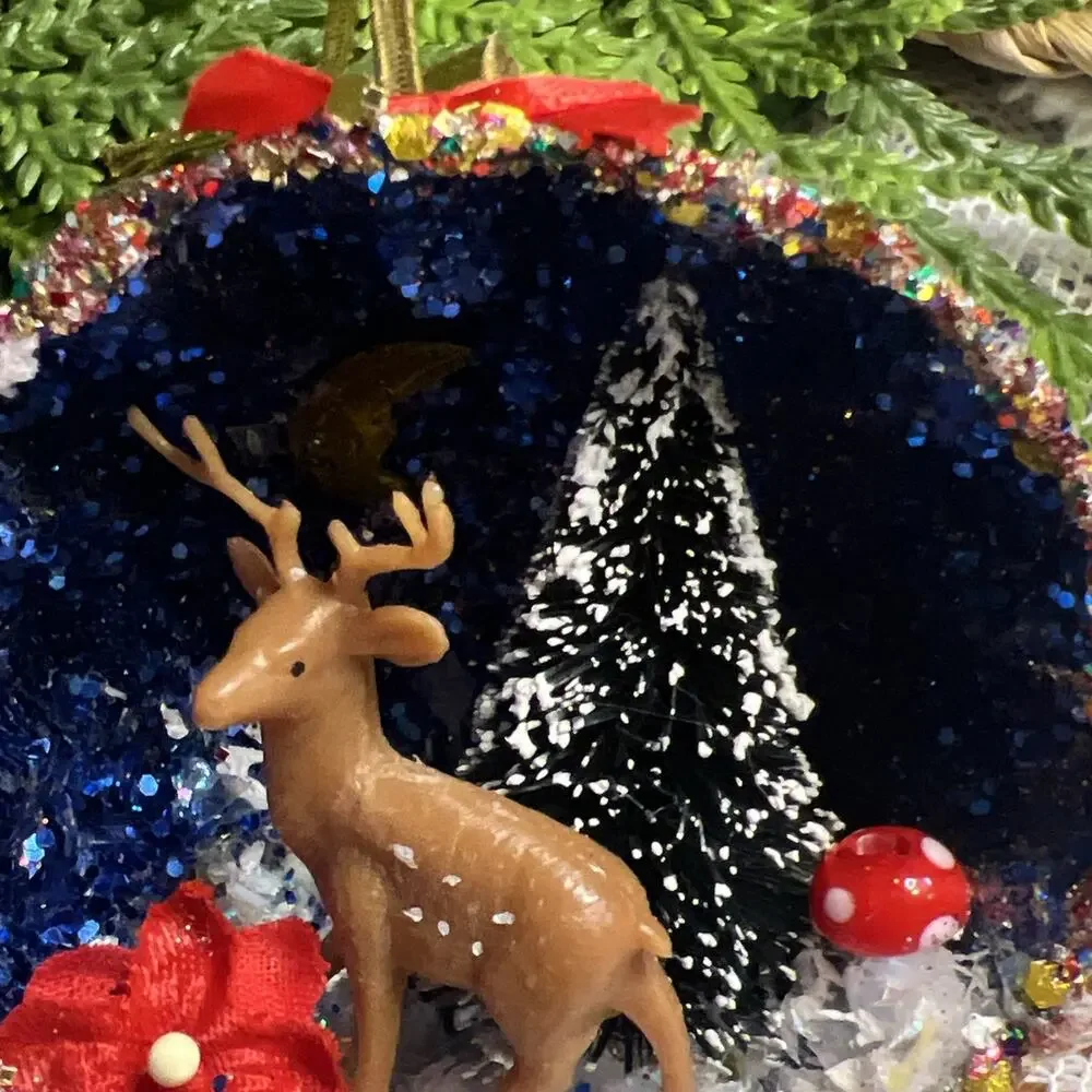 Vintage Round Tart Tin Deer Tree Mushroom Diorama Mid Century Reindeer Ornament